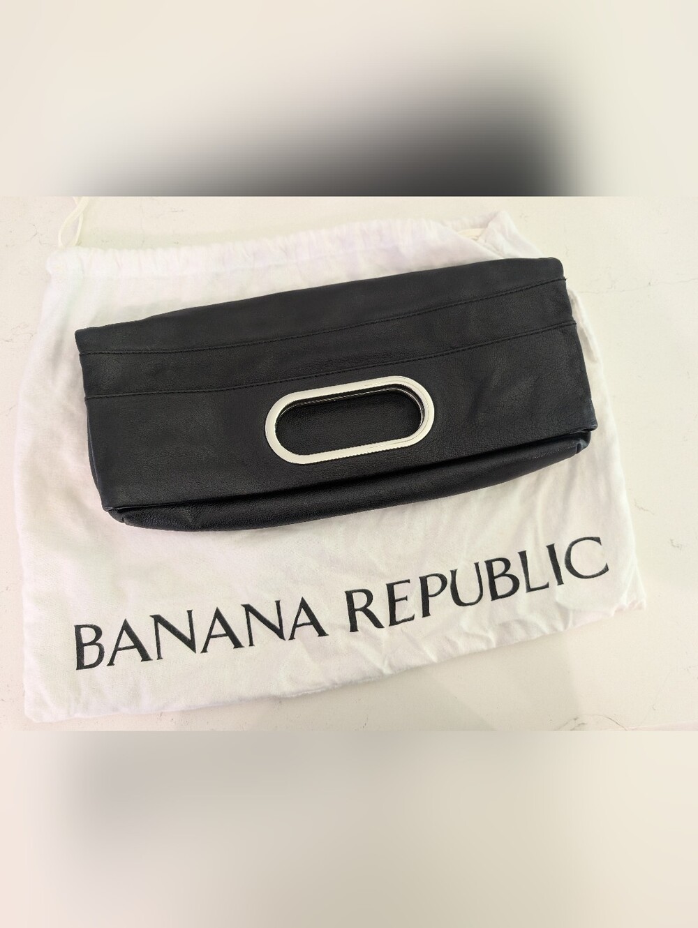 Classic Black Leather Handheld Clutch with Silver Handle Banana Republic